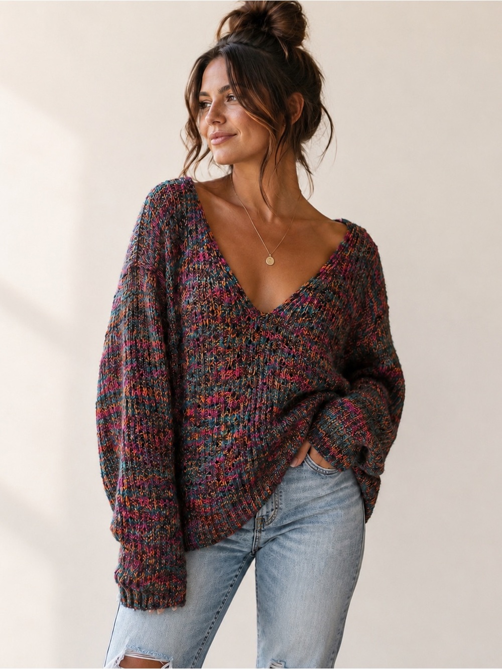 Free People Multicolor Marled Knit Oversized V-Neck Sweater Size Large Boho